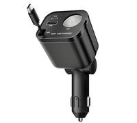 4 in 1 Retractable Car Charger 145W USB C Cigarette Lighter Adapter Socket Splitter with Retractable Cable USB-C/A Port 12V/24V Fast Charging for iPhone17/16/15 Galaxy S25/S24/S23 iPad/Pixel/Google
