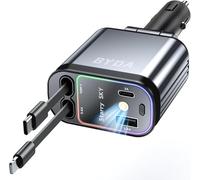 4 in 1 Retractable Car Charger, 4 in 1 Quick Charger, USB C 69W Adapter for iPhone 16/15/14/13/12, Android, 180° Adjustable Plug, Multi-Device Support, Compact, Space Saving for