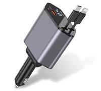 4-in-1 Retractable Car Charger Adapter, Fast Charge USB C & A Ports with Voltage Display, 180° Rotation, 12V/24V Cigarette Lighter Phone Charger for iPhone, Sam-sung, Most Android Devices