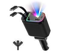 4 in 1 Retractable Car Charger with Starry Sky LED,Adjustable Fast Cigarette Lighter USB-C/USB-A, 2 Charging Cables for iPhone, Samsung Galaxy, Google Pixel, Tablets for Cars, SUVs, Trucks, RVs