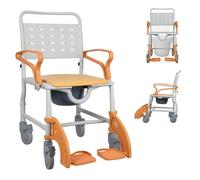 4-in-1 Rolling Shower Chair with Wheels for Elderly and Disabled, Shower Buddy Rolling Wheelchair with Bucket and Safety Locking Wheels, Flip-Lock Armrests, Padded Seat Back for Bathroom Orange