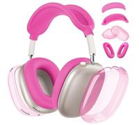 [4 in 1] Silicone Case Cover for AirPods Max, Clear Soft TPU Ear Cups Cover/Ear Pad Case Covers/Headband Covers Transparent Accessories for Apple AirPods Max (2024/2020)(USB-C/Lightning), Hot Pink
