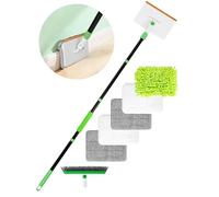 4-in-1 Skirting Board Cleaner Tool with 56" Long Handle, 5 Reusable Pads, Stiff Bristle Gap Brush & Carpet Rake for Pet Hair, Wall Cleaner Mop for Windows, Tiles & Floors