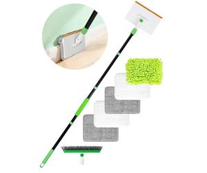 4-in-1 Skirting Board Cleaner Tool with 56" Long Handle, 5 Reusable Pads, Stiff Bristle Gap Brush & Carpet Rake for Pet Hair, Wall Cleaner Mop for Windows, Tiles & Floors
