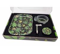 4 In 1 Smokers Kit for Amsterdam including Strong Toughened Glass Ashtray, 3 Part Metallic Magnet Grinder with dust collector compartment, Smokers Pipe and Stainless Steel metallic Rolling Tray