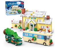 4 in 1 Snow Village Pickup Garage RV Building Set, Christmas Decor Building Toys, Christmas Scene Playset Gifts for Adults and Kids, 650 Pieces