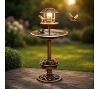 Garden Bird Bath & Feeding Table Station & Solar LED Light Bronze Effect BSOLAR
