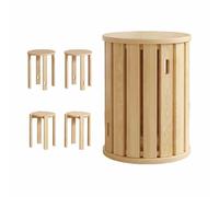 4-in-1 Stackable Wooden Stools Round Bar Stool Portable Dining Chair Versatile Side Table Nightstand Coffee Table Living Room Ottoman (Log Design)