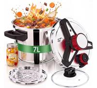 4-In-1 Stainless Steel Pressure Cooker 7 litres,One-Hand Rotating Lock/Unlocking Lid System,Induction Gas Stovetop Pressure Cookers,3 PSI Settings,Includes Glass Lid & Steamer Rack