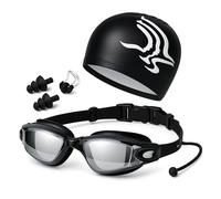 4 in 1 Swimming Kit | Goggles - Cap - Earplugs - Nose clip | Comfortable Adjustable Anti Fog UV Protected lenses | For Adults or Kids Men or Women | No Leaking | Swim Pool Sea Gift Pack | Black