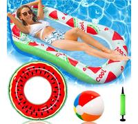 4-in-1 Swimming Pool Float Water Hammock Set, with Beach Ball/Watermelon Swimming Ring/Air Pump, Inflatable Lounger Floating Chair Beds, Relaxing Water Toys for Adult Kid, Tanning, Lake & Party