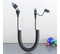 4 in 1 USB C and Lightning Cable, PD 60W Fast Charging & Data Sync, Coiled Multi Charging Cable For CarPlay & Android Auto,USB/USB C to USB C/Lightning Cable Combo for iPhone Android iPad MacBook