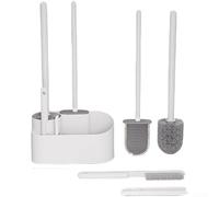 4 in 1 Wall Hanging Toilet Brush Set Featuring Silicone Bristles, Narrow Gap Tool and Hair Remover Clip, Long Reach Bathroom Cleaner for Deep Scrubbing, Space Saving White Plastic Holder
