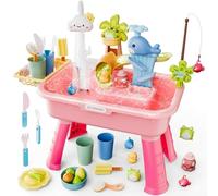 4 In 1 Water Table Play Sink For Kids - Running Water With Pump, 180° Rotating Faucet, Removable Legs, Fishing Game And Kitchen Sink, For Backyard Garden Ages 3-8