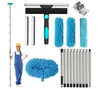 4-in-1 Window Cleaner Set, 24 cm ~ 400 cm Extra Long Window Wiper Squeegee Cleaning Set, 1 Cleaning Brush, 3 Microfibre Cloth Brushes & 2 Squeegees for High Windows Indoor and Outdoor Use, Wall, Car