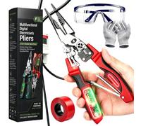4-in-1 Wire Stripping and Testing Pliers, Professional Heavy Duty Steel Hand Multifunctional Foldable Electrical Tool Set, Cable Cutter Crimper Twister Digital Voltage Tester Disconnect (RED)
