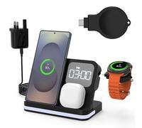 4 in 1 Wireless Charging Station, Wireless Charger with Alarm Clock Compatible for Samsung S25/S24/S23/S22/S21 Ultra Plus, Z Flip Fold 6/5/4 Note 20 Galaxy Watch 7/6/5/4/3 Galaxy Buds