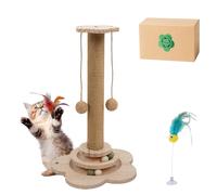 4-in-1 Wooden Cat Scratcher Toy,Cat Scratching Post&2-Level Track Tower With 8 Balls&2 Sisal Ball&2 Cat Wand Toy,Indoor Cat Activity Center For Cats Of All Ages And Body Types (11.8"L x 11.8"W x 19"H)
