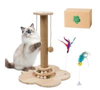 4-in-1 Wooden Cat Scratcher Toy,Cat Scratching Post&2-Level Track Tower With 8 Balls&2 Sisal Ball&2 Cat Wand Toy,Indoor Cat Activity Center For Cats Of All Ages And Body Types (15.8"L x 15.8"W x 19"H)