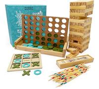 4-in-1 Wooden Games Set: Four-in-a-Row, Tic Tac Toe, Pick-up Sticks & Stacking Tower - Classic Wooden Family Games Collection - Gift for Kids & Adults - Durable, Plastic-Free & Eco-Friendly