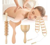 4-In-1 Wooden Therapy Massage Tools Set, Lymphatic Drainage Massager Kit, Includes Massage Cup, Roller Stick, Roller Rope & Contouring Board For Muscle Relief