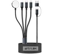4 in 2 Multi Charger Cable, 1.8M Nylon Braided Charging Cables, USB-A/C to iWatch Charger/Type-C/iOS port/Micro USB, Travel Essentials for iPhone 17/16/15/14 Apple Watch 11/10/9/8 iPad Pro/Air