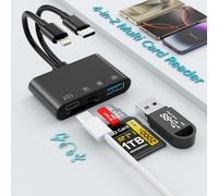 4-in-2 SD Card Reader for iPhone, Lightning USB C Memory Card Reader Adapter,Camera Card Reader Adapter with SD+TF+USB 3.0+USB C Charging Port, Micro SD Card Reader for iPhone 16/15/14/iPad/Mac, Black