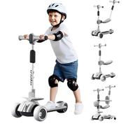 4 in1 Kids Scooter Height Adjustable with Removable Seat,Push Handle,Light and Music,Anti-slip 3 Wheel Scooter Foldable with Pedal,Gifts for Boys and Girls Toddlers 1-8 Years Old(White)