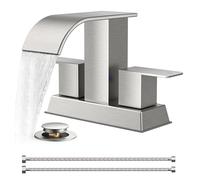 4 Inch Centerset Brushed Nickel Bathroom Faucet, 2 or 3 Hole Waterfall Square Bathroom Sink Faucet with Metal Pop-up Drain and Supply Lines, Two Handles for Vanity, Lavatory Room, Pedestal