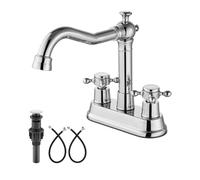 4 Inch Centerset Vintage Bathroom Sink Faucet 2 Cross Handles RV Mixer 3 Hole Basin Vanity Includes Water Hose & Metal Pop-Up Drain Polished Chrome Finish