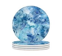 4 Inch Ceramic Coasters for Drinks (4 Pack),Sea Ocean Waves Design, Absorbent Drink Coasters with Cork Base for Table Protection,Decorative Ocean Themed Coasters for Home,Kitchen,Bar