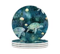 4 Inch Ceramic Coasters for Drinks (4 Pack),Sea Turtles Design, Absorbent Drink Coasters with Cork Base for Table Protection,Decorative Ocean Themed Coasters for Home,Kitchen,Bar