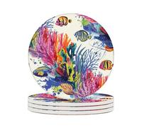 4 Inch Ceramic Coasters for Drinks (4 Pack),Tropical Fish Design, Absorbent Drink Coasters with Cork Base for Table Protection,Decorative Ocean Themed Coasters for Home,Kitchen,Bar