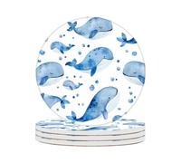 4 Inch Ceramic Coasters for Drinks (4 Pack),Whales Design, Absorbent Drink Coasters with Cork Base for Table Protection,Decorative Ocean Themed Coasters for Home,Kitchen,Bar