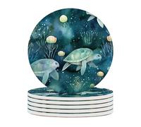 4 Inch Ceramic Coasters for Drinks (6 Pack),Sea Turtles Design, Absorbent Drink Coasters with Cork Base for Table Protection,Decorative Ocean Themed Coasters for Home,Kitchen,Bar