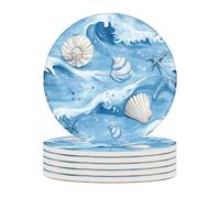 4 Inch Ceramic Coasters for Drinks (6 Pack),Seashells Waves Design, Absorbent Drink Coasters with Cork Base for Table Protection,Decorative Ocean Themed Coasters for Home,Kitchen,Bar