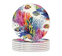 4 Inch Ceramic Coasters for Drinks (6 Pack),Tropical Fish Design, Absorbent Drink Coasters with Cork Base for Table Protection,Decorative Ocean Themed Coasters for Home,Kitchen,Bar