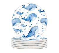 4 Inch Ceramic Coasters for Drinks (6 Pack),Whales Design, Absorbent Drink Coasters with Cork Base for Table Protection,Decorative Ocean Themed Coasters for Home,Kitchen,Bar