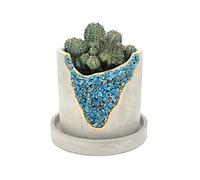 4 Inch Crystal Plant Pot with Saucer - Cement Geode Planter - Concrete Pots for Plants - Modern Succulent Pot Indoor - Unique Air Plant Holder - Candle Holder - Small Plant Home Decor (Blue Apatite)