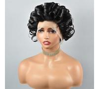 4 inch Curly Wavy 13x4 Lace Front Pixie Cut Wigs Human Hair Body Wave Short Wig for Black Women Adds Volume(Black)