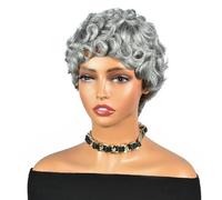 4 inch Grey Wavy Wig with Bangs for Daily Wear， Gray Short Human Hair Glueless Layered Wig for Women Adds Volume