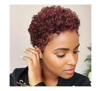 4 inch Short Afro Kinky Curly Glueless Wigs for Black Women Deep Wave Pixie Cut Human Hair Wig Daily use 180 Density(Burg)