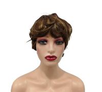 4 inch Short Curly Pixie Cut Human Hair Wigs for Women Glueless Layered Wig for Daily Use(Brown highlight)