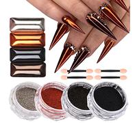4 Jars Magic Chrome Nail Powder Holographic Metallic Mirror Effect 4 Colors Manicure Glitter Pigment Dust for Nail Art Decoration Design Silver Gold-Red Black Chocolate Pearl Powder with Tools