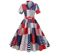 4 July Dresses for Women, Vintage Classy 50s Style Cocktail Audrey Hepburn Short Sleeve Peter Pan Collar Rockabilly Retro Swing Dress A Line Midi Summer Party Dress Ball Prom Gown Blue Red M