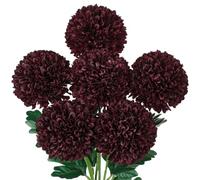 4'' Large Artificial Chrysanthemum Flowers with 24.7'' Long Stem, 6 pcs Burgundy Fake Silk Flowers Glittery Faux Ball Flower for Home Decor, Bridal, Wedding, Party, Halloween, Floral Arrangement