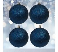 4 Large Christmas Baubles 10cm Midnight Blue Glitter Tree Decoration