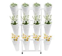 4-Layer Mobile Iron Flower Display Stand with 12 Round Buckets, Stylish Plant Shelf for Indoor/Outdoor Use, Perfect for Flower Shops & Home Decor on Wheels