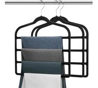 4-Layer Non-Slip Velvet Trouser Hangers - Space Saving Organisers for Pants, Jeans, Scarves & Towels with Rotating Hook (Black)