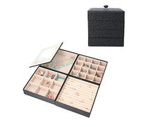 4 Layer Stackable Jewellery Organizer with Handle Top Inside Large Mirror Anti Tarnish Lining Tray for Rings, Tray with 16 Sections, 9 Sections and One Big Section 21.59x21.59x21.59cm- Black